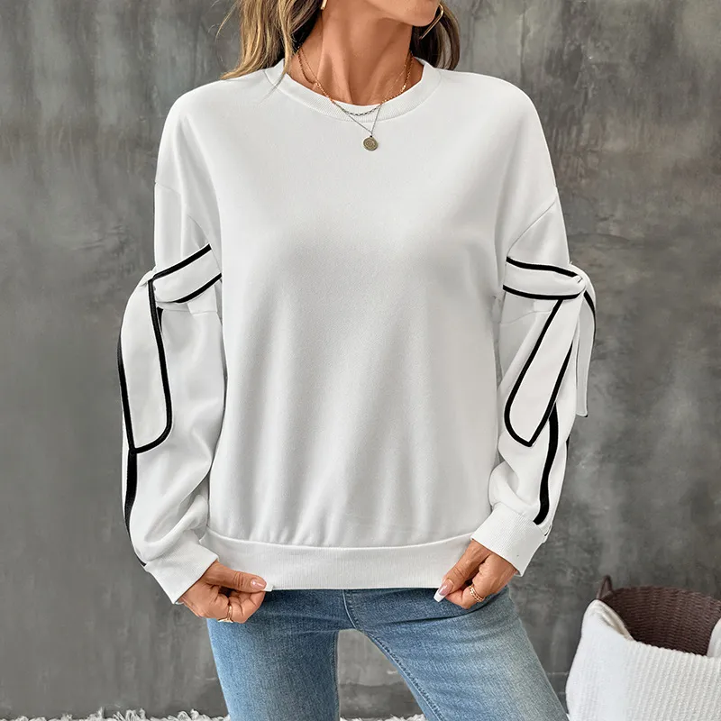 Women Fashion Casual Autumn Contrast Color Three-Dimensional Bow Round Neck Long Sleeve Loose Sweatshirt