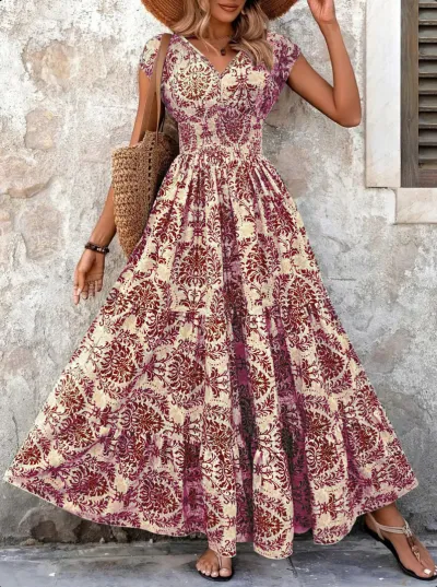 Women Fashion Casual Summer Printed V-Neck Short Sleeve A-Line Dress