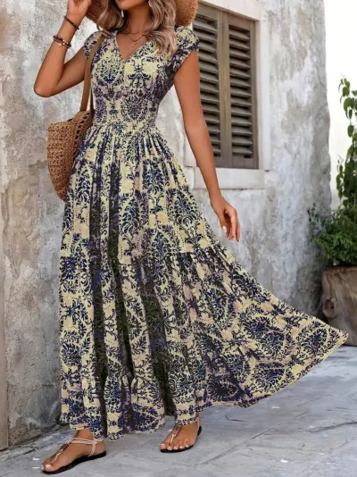 Women Fashion Casual Summer Printed V-Neck Short Sleeve A-Line Dress