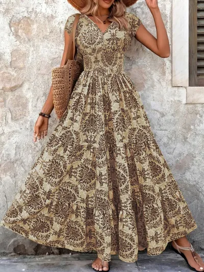 Women Fashion Casual Summer Printed V-Neck Short Sleeve A-Line Dress
