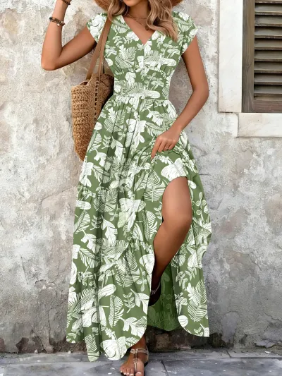 Women Fashion Casual Summer Printed V-Neck Short Sleeve A-Line Dress