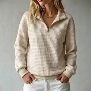 Women Fashion Casual Autumn Solid Color Waffle Stand Collar Zipper Long Sleeve Loose Sweatshirt