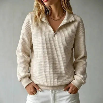 Women Fashion Casual Autumn Solid Color Waffle Stand Collar Zipper Long Sleeve Loose Sweatshirt