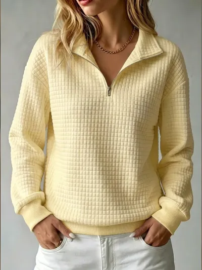 Women Fashion Casual Autumn Solid Color Waffle Stand Collar Zipper Long Sleeve Loose Sweatshirt