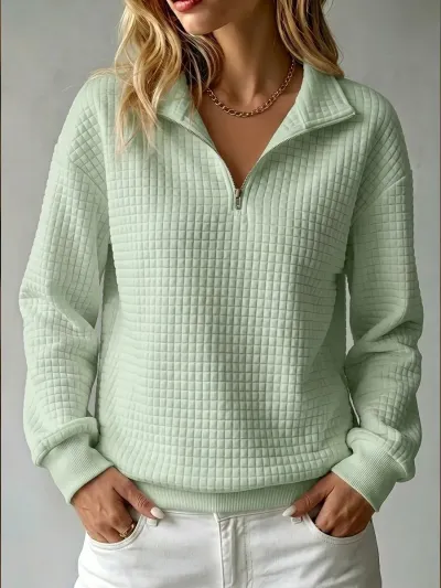 Women Fashion Casual Autumn Solid Color Waffle Stand Collar Zipper Long Sleeve Loose Sweatshirt