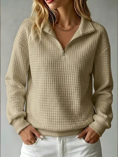 Women Fashion Casual Autumn Solid Color Waffle Stand Collar Zipper Long Sleeve Loose Sweatshirt