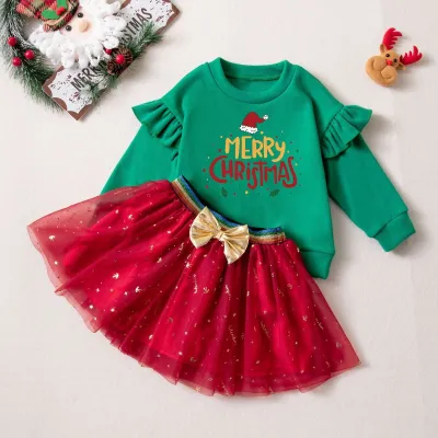 Christmas Kids Girls Fashion Printed Long-Sleeve Sweatshirt Mesh Skirt Two-Piece Set