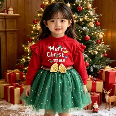 Christmas Kids Girls Fashion Printed Long-Sleeve Sweatshirt Mesh Skirt Two-Piece Set