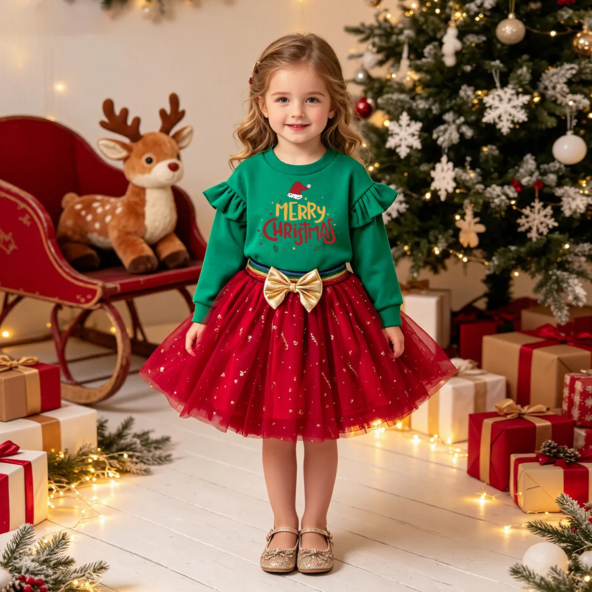 Christmas Kids Girls Fashion Printed Long-Sleeve Sweatshirt Mesh Skirt Two-Piece Set