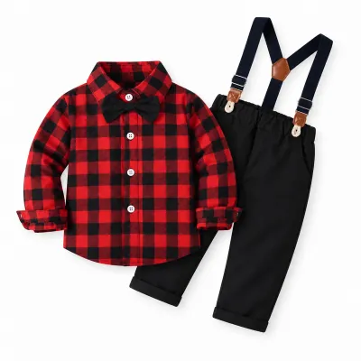 Christmas Kids Baby Boys' Red Black Plaid Lapel Long-Sleeve Shirt Adjustable Strap Overalls Two-Piece Set