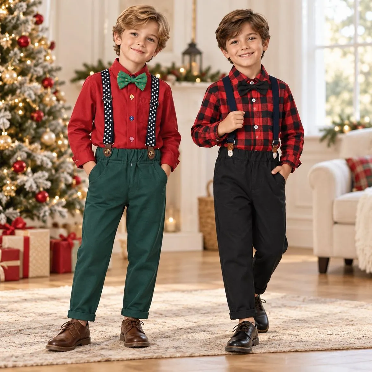 Christmas Kids Baby Boys' Red Black Plaid Lapel Long-Sleeve Shirt Adjustable Strap Overalls Two-Piece Set