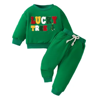 Christmas Cartoon Kids Baby Boys And Girls Letter Embroidered Long-Sleeve Round-Neck Sweatshirt Pants Two-Piece Set
