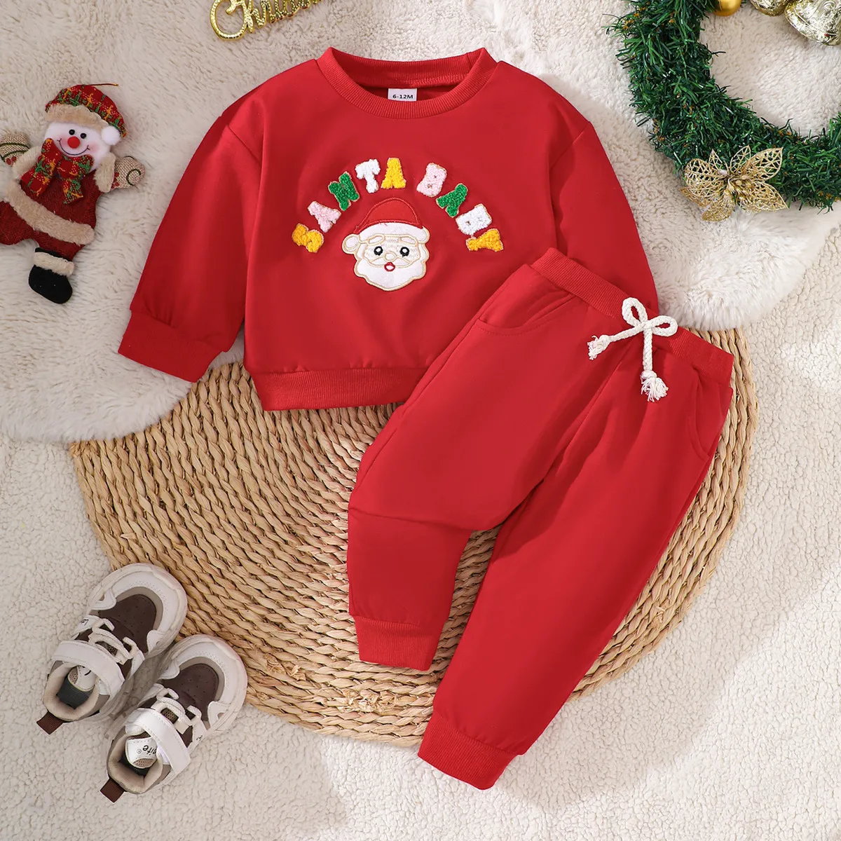 Christmas Cartoon Kids Baby Boys And Girls Letter Embroidered Long-Sleeve Round-Neck Sweatshirt Pants Two-Piece Set