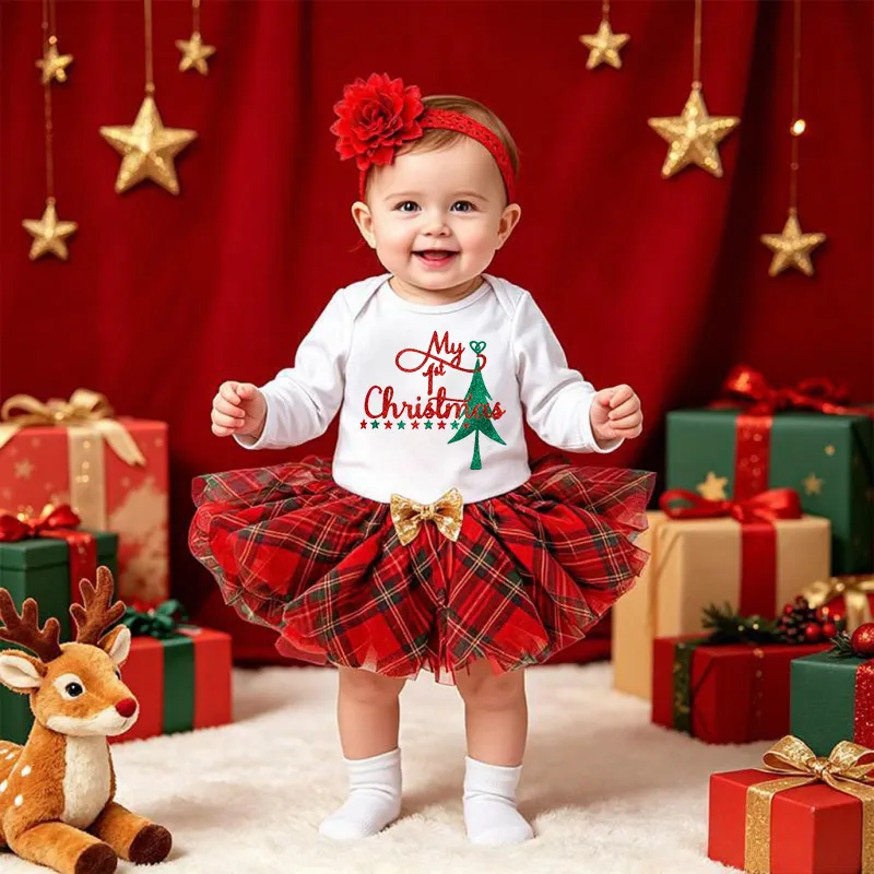 Christmas Kids Baby Girl Fashion Cute Printed Long Sleeve Rompers Plaid Skirt Hairband Three-Piece Set