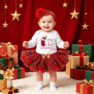 Christmas Kids Baby Girl Fashion Cute Printed Long Sleeve Rompers Plaid Skirt Hairband Three-Piece Set