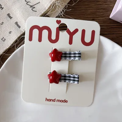 Kids Girls Fashion Check Red Black Cherry Lace Duck Bill Clip 2pcs/Pack