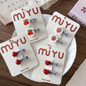 Kids Girls Fashion Check Red Black Cherry Lace Duck Bill Clip 2pcs/Pack