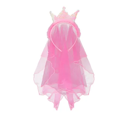 Kids Girls Fashion Solid Color Veil Crown Non-Slip Princess Hair Band