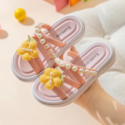 Kids Girls Fashion Summer Cute Flower Pearl Decoration Soft Sole Slippers