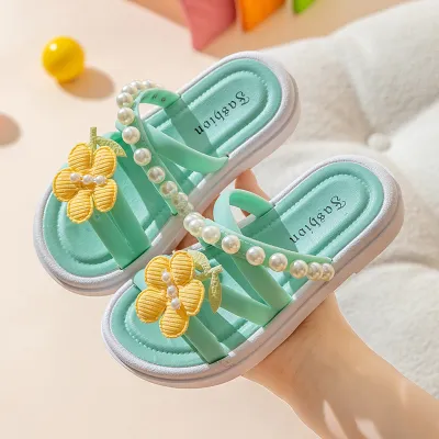 Kids Girls Fashion Summer Cute Flower Pearl Decoration Soft Sole Slippers