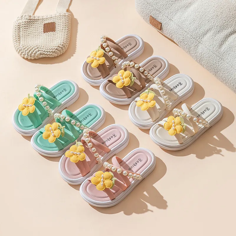 Kids Girls Fashion Summer Cute Flower Pearl Decoration Soft Sole Slippers