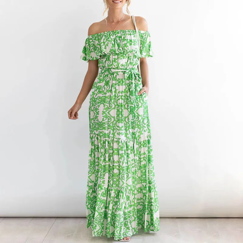 Women Fashion Summer Printed Off-Shoulder Short-Sleeved Ruffle Long Dress