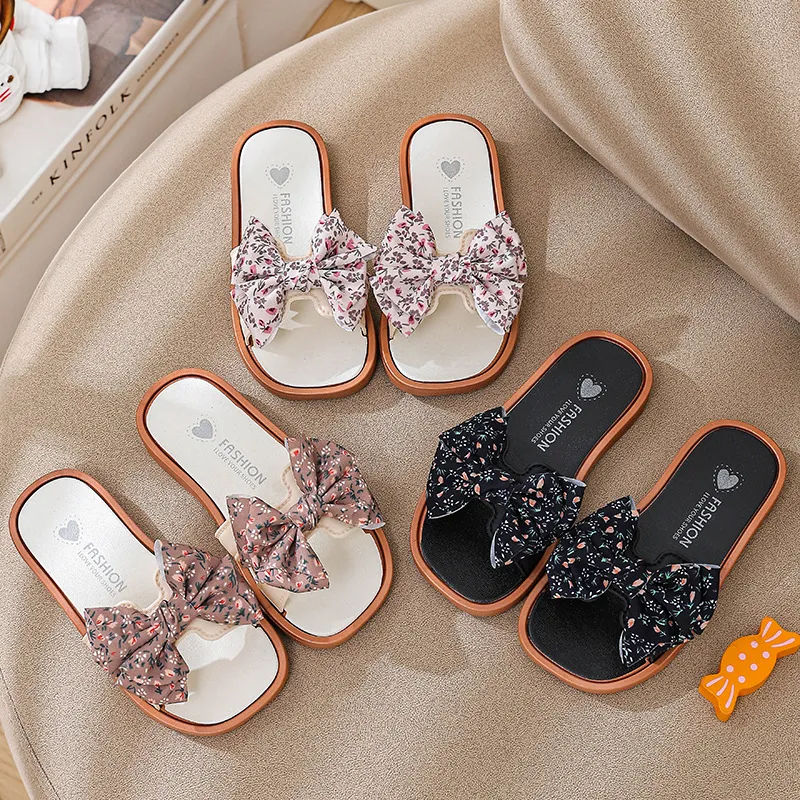 Kids Girls' Fashion Summer Flower Printed Bow Non-Slip Soft Bottom Slippers