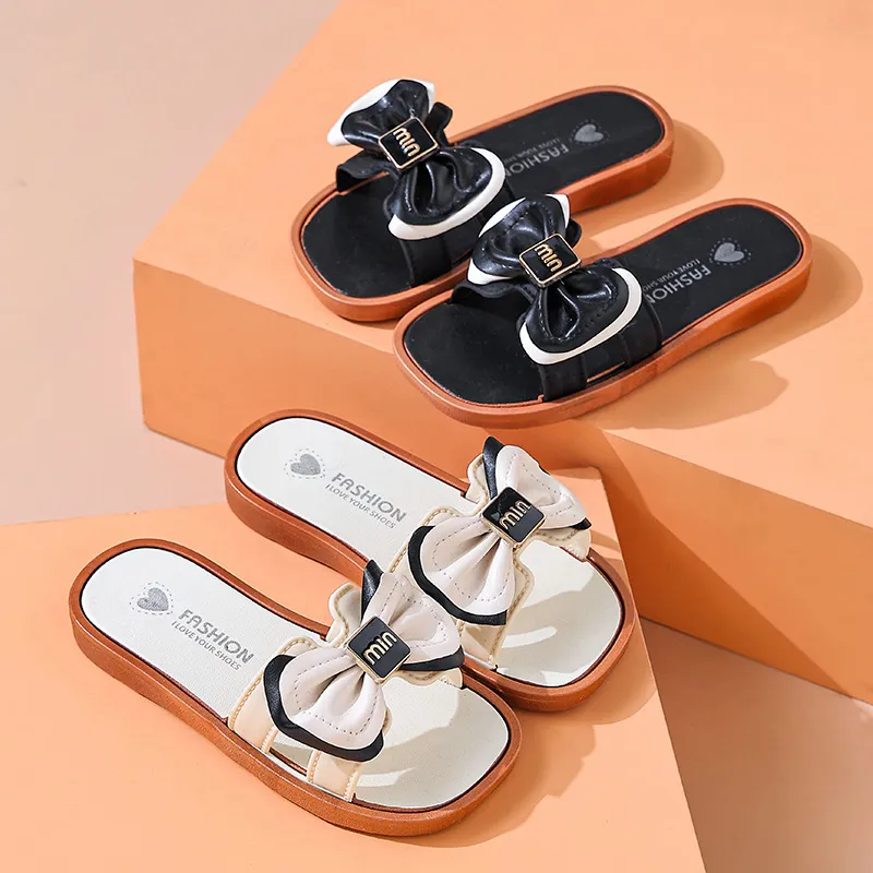 Kids Girls Fashion Summer Bow Square-Toe Flat Slippers