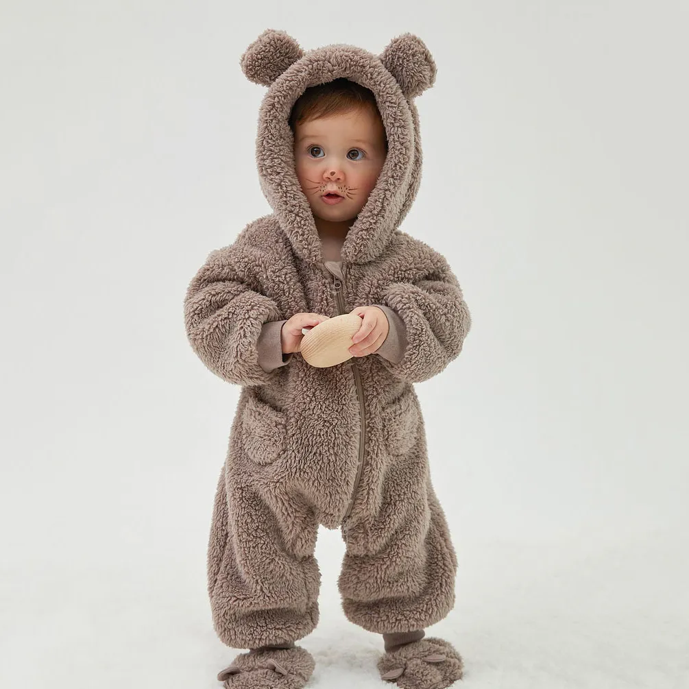 Kids Baby Boys' And Girls' Fashion Spring Solid Color Plush Long-Sleeve With Hat Rompers