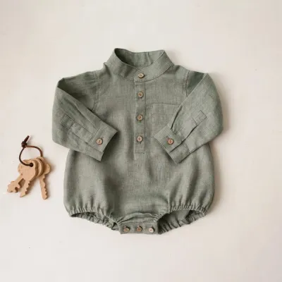 Kids Baby Boys Fashion Solid Color High Neck Long Sleeve Cotton Linen Rompers