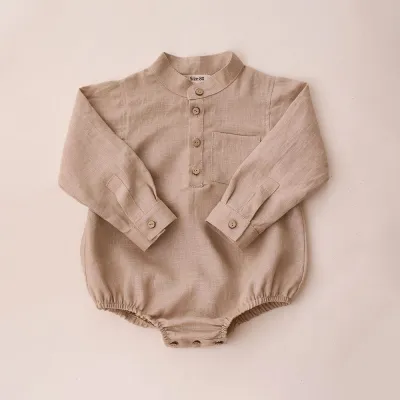 Kids Baby Boys Fashion Solid Color High Neck Long Sleeve Cotton Linen Rompers