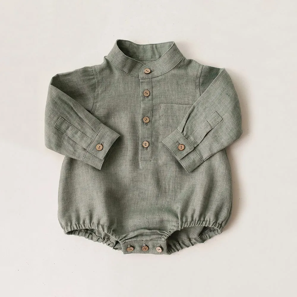Kids Baby Boys Fashion Solid Color High Neck Long Sleeve Cotton Linen Rompers