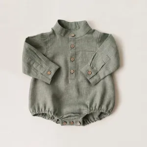 Kids Baby Boys Fashion Solid Color High Neck Long Sleeve Cotton Linen Rompers