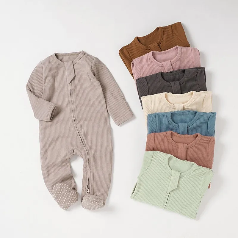 Kids Baby Boys And Girls Fashion Solid Color Pit Strip Long-Sleeve Rompers