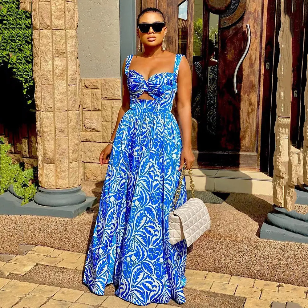 Women Fashion Sexy Summer Print Sleeveless Split Long A-Line Dress