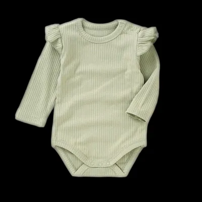 Kids Baby Boys And Girls Fashion Autumn Solid Color Pit Strip Ruffled Long-Sleeve Rompers