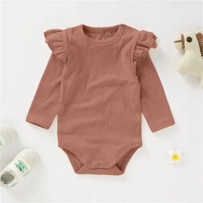 Kids Baby Boys And Girls Fashion Autumn Solid Color Pit Strip Ruffled Long-Sleeve Rompers