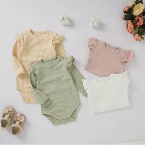 Kids Baby Boys And Girls Fashion Autumn Solid Color Pit Strip Ruffled Long-Sleeve Rompers