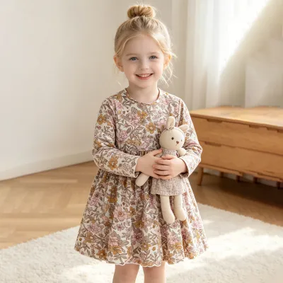 Kids Girls Fashion Autumn Cute Flower Printed Long-Sleeve Dress