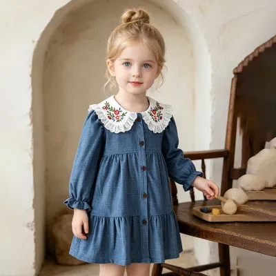 Kids Girls Fashion Casual Autumn Lapel Long-Sleeve Denim Dress