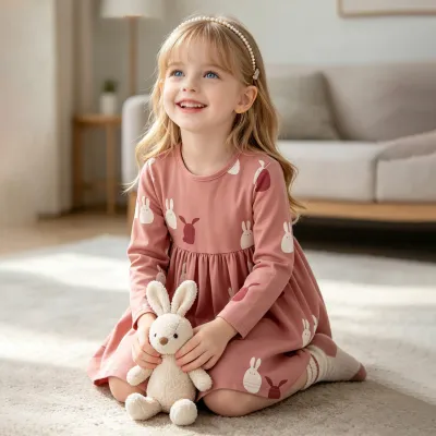 Kids Girls Fashion Cute Printed Long-Sleeve Dress