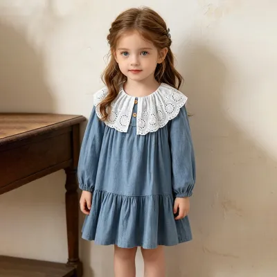 Kids Girls Fashion Elegant Autumn Lace Lapel Long-Sleeve Denim Dress