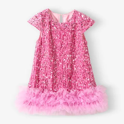 Kids Girls Fashion Cute Sequin Mesh Puffy Short-Sleeve Dress