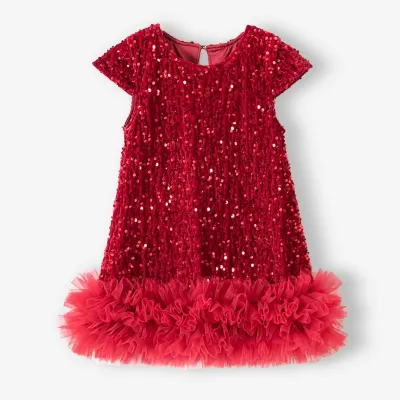 Kids Girls Fashion Cute Sequin Mesh Puffy Short-Sleeve Dress