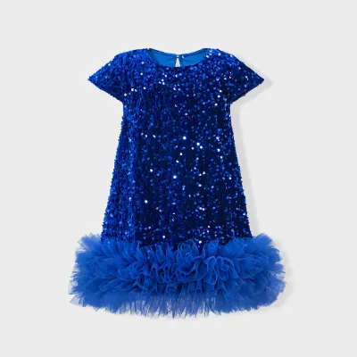 Kids Girls Fashion Cute Sequin Mesh Puffy Short-Sleeve Dress