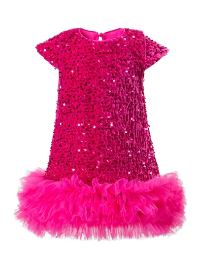 Kids Girls Fashion Cute Sequin Mesh Puffy Short-Sleeve Dress