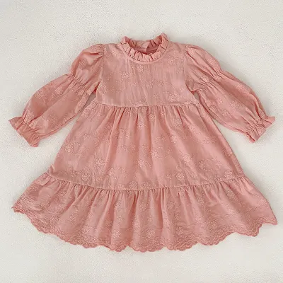 Kids Girls Fashion Elegant Autumn Solid Color Jacquard Long Sleeve Dress