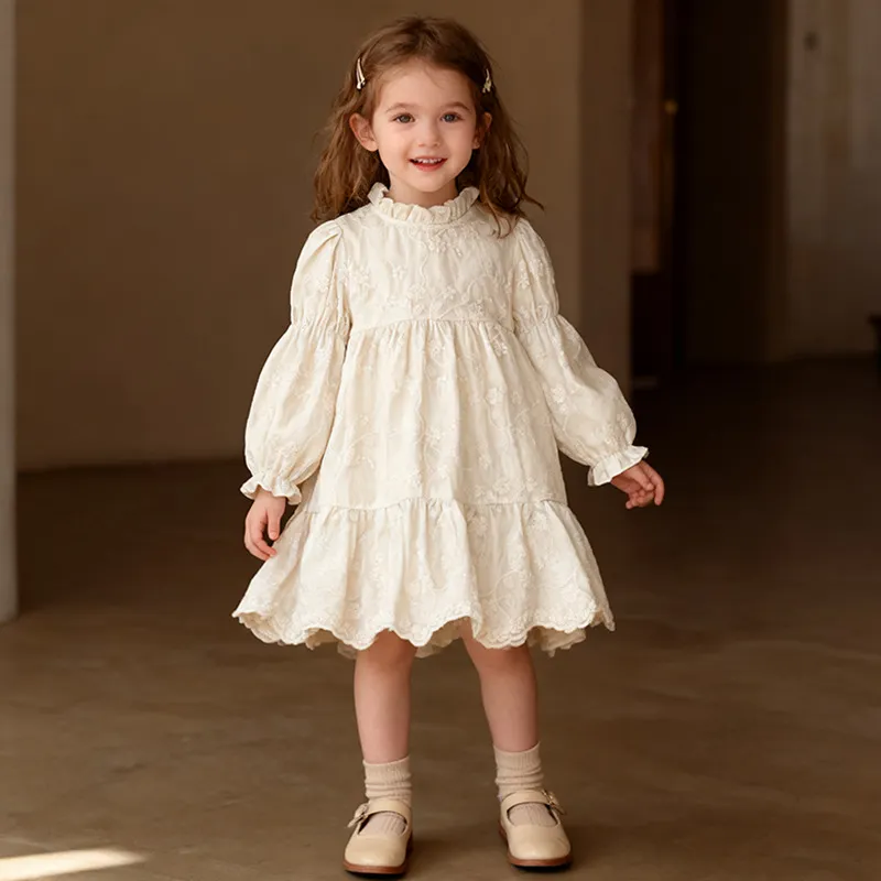 Kids Girls Fashion Elegant Autumn Solid Color Jacquard Long Sleeve Dress