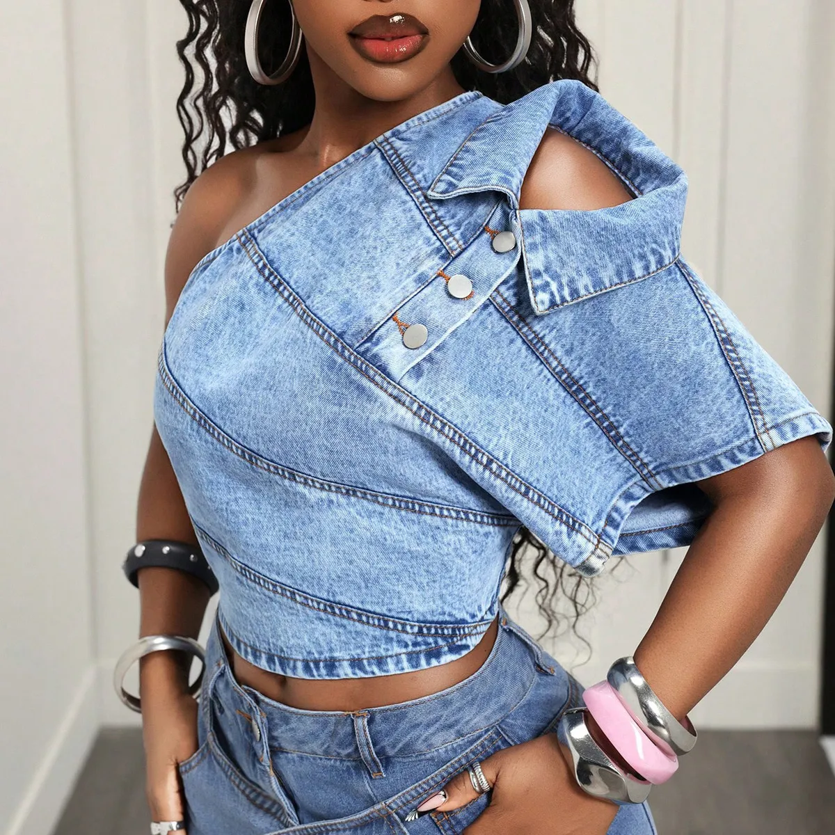 Women Fashion Irregular Shoulder Denim Top