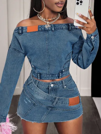 Women Fashion Off-Shoulder Long Sleeve Denim Top